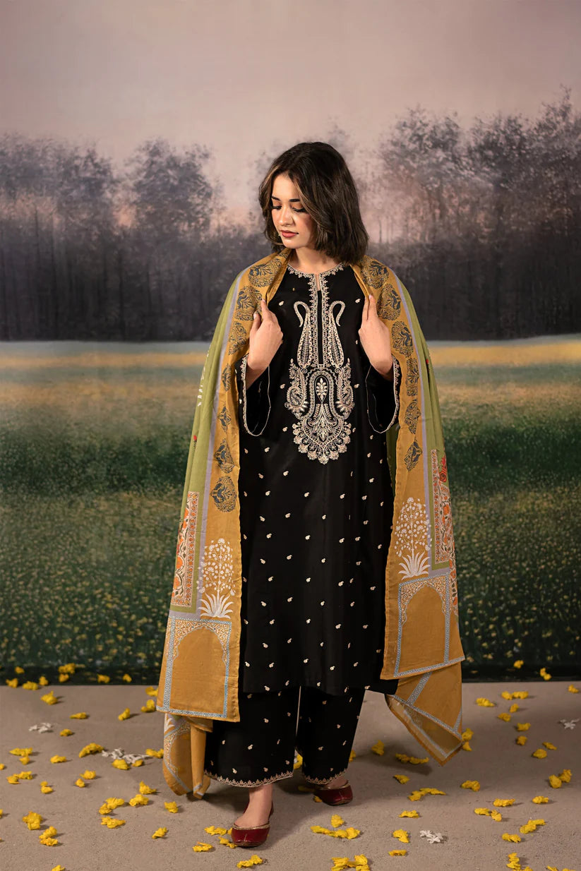 URGE-3PC DHANAK EMBROIDERED SHIRT WITH COUTRAI PRINTED SHAWL & DHANAK EMB TOUSER-ADR-4178