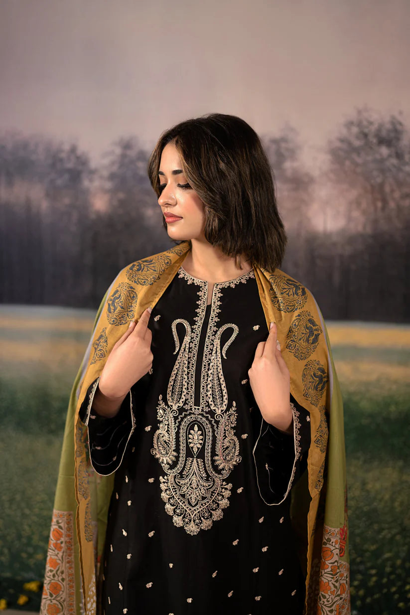 URGE-3PC DHANAK EMBROIDERED SHIRT WITH COUTRAI PRINTED SHAWL & DHANAK EMB TOUSER-ADR-4178