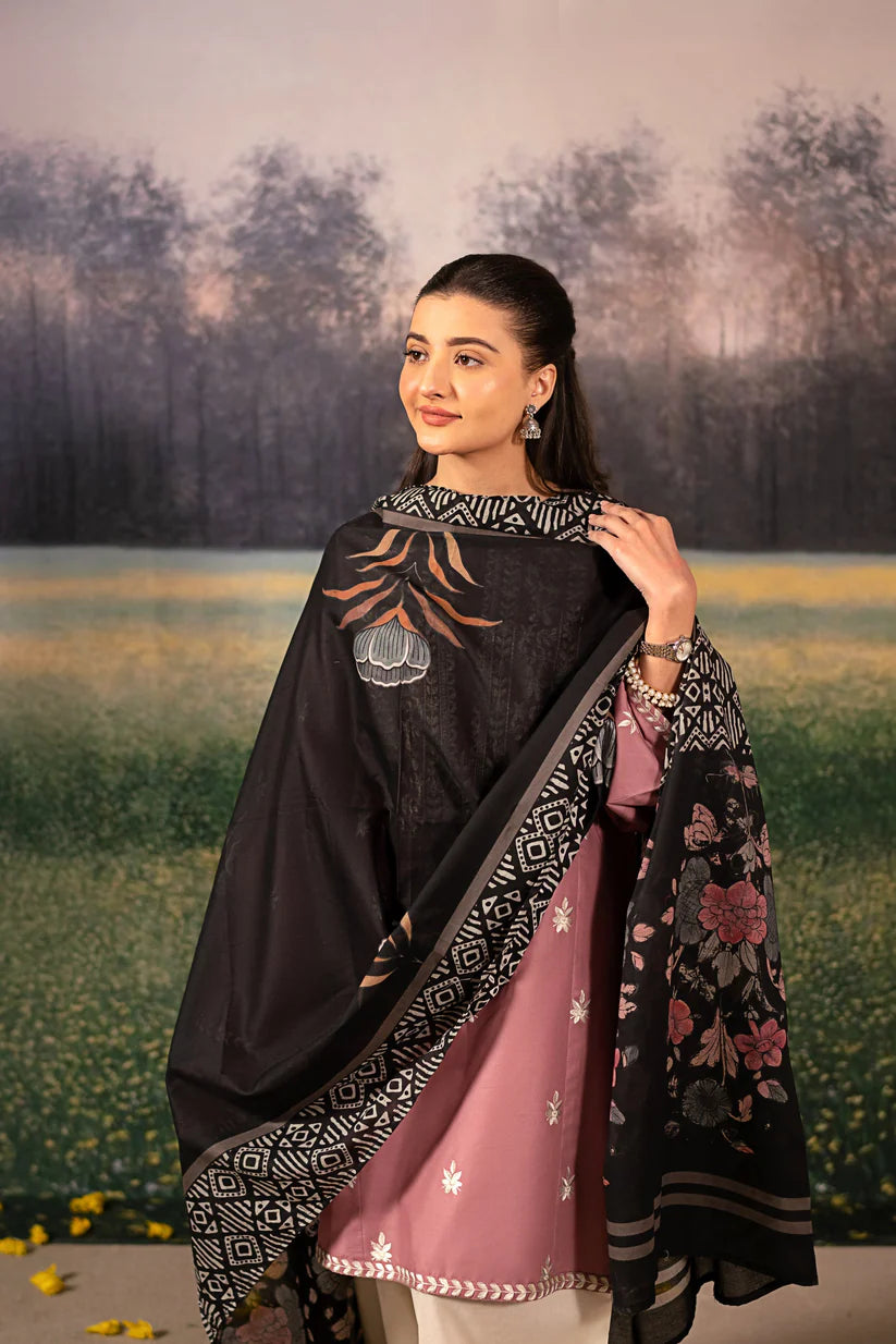 URGE-3PC DHANAK EMBROIDERED SHIRT WITH COUTRAI WOOL PRINTED SHAWL AND EMB TROUSER-ADR-4086