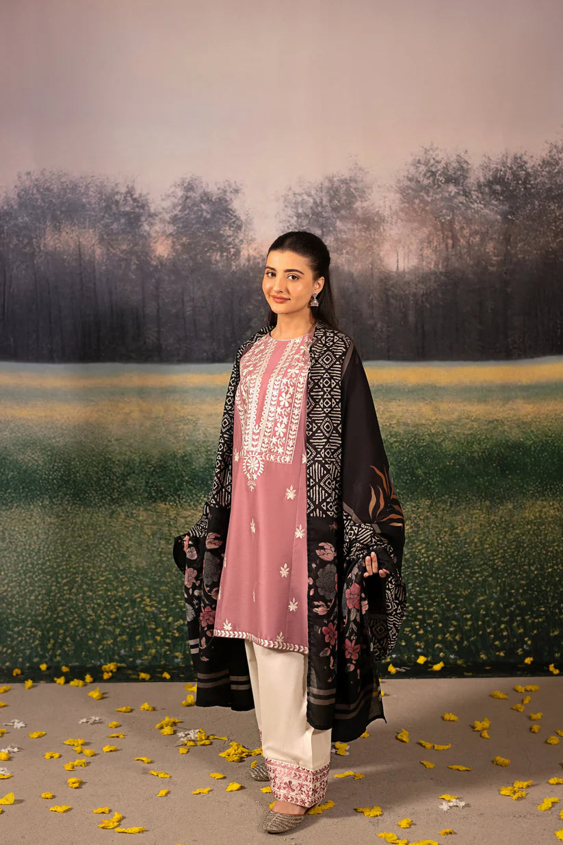URGE-3PC DHANAK EMBROIDERED SHIRT WITH COUTRAI WOOL PRINTED SHAWL AND EMB TROUSER-ADR-4086