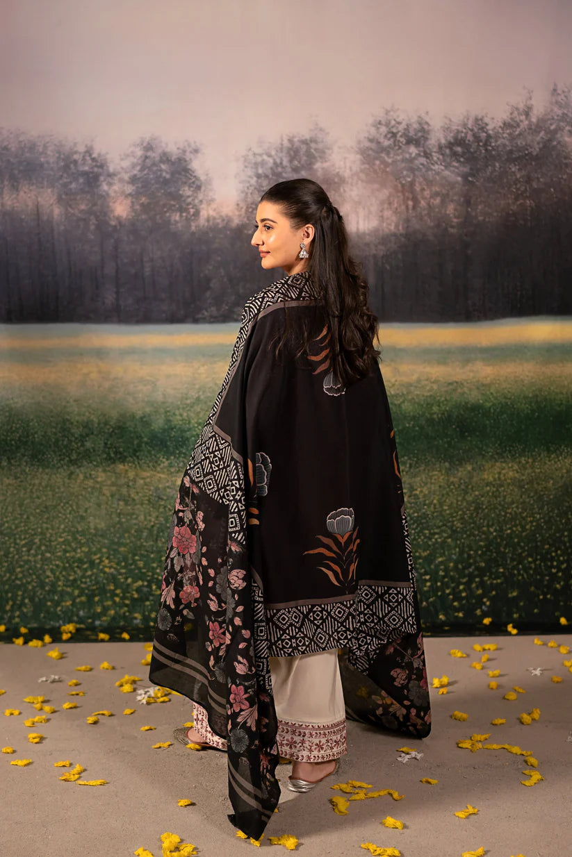 URGE-3PC DHANAK EMBROIDERED SHIRT WITH COUTRAI WOOL PRINTED SHAWL AND EMB TROUSER-ADR-4086