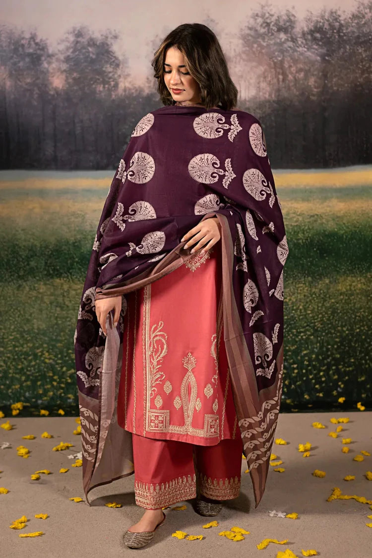 URGE-3PC DHANAK EMBROIDERED SHIRT WITH COURTRAI PRINTED SHAWL AND EMB TROUSER-ADR-4204