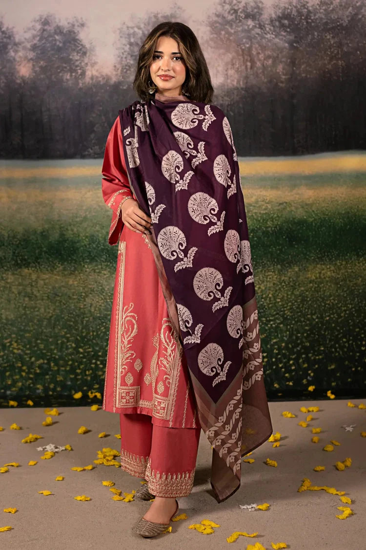 URGE-3PC DHANAK EMBROIDERED SHIRT WITH COURTRAI PRINTED SHAWL AND EMB TROUSER-ADR-4204