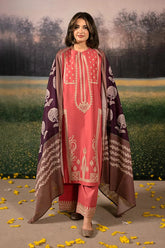 URGE-3PC DHANAK EMBROIDERED SHIRT WITH COURTRAI PRINTED SHAWL AND EMB TROUSER-ADR-4204
