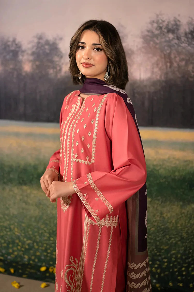 URGE-3PC DHANAK EMBROIDERED SHIRT WITH COURTRAI PRINTED SHAWL AND EMB TROUSER-ADR-4204