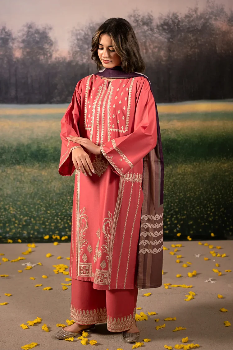 URGE-3PC DHANAK EMBROIDERED SHIRT WITH COURTRAI PRINTED SHAWL AND EMB TROUSER-ADR-4204