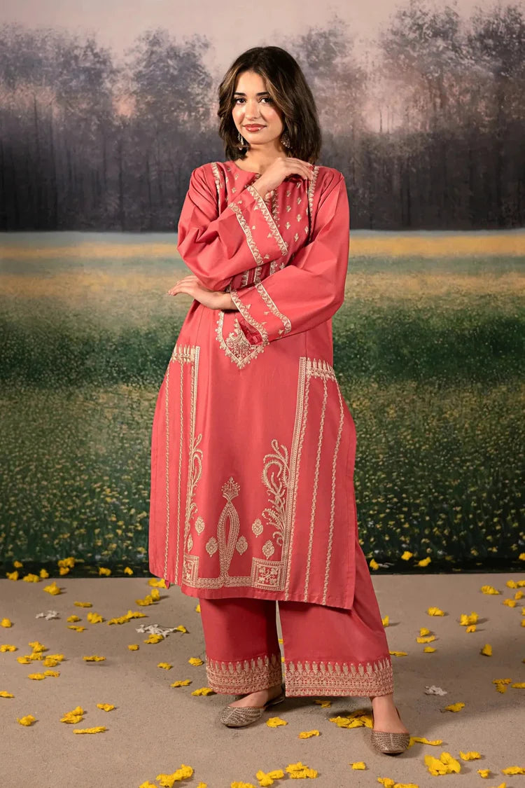 URGE-3PC DHANAK EMBROIDERED SHIRT WITH COURTRAI PRINTED SHAWL AND EMB TROUSER-ADR-4204