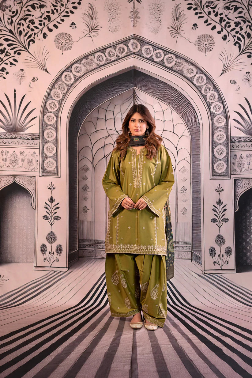 URGE-3PC DHANAK EMBROIDERED SHIRT WITH COUTRAI PRINTED SHAWL & EMB TROUSER-ADR-4126