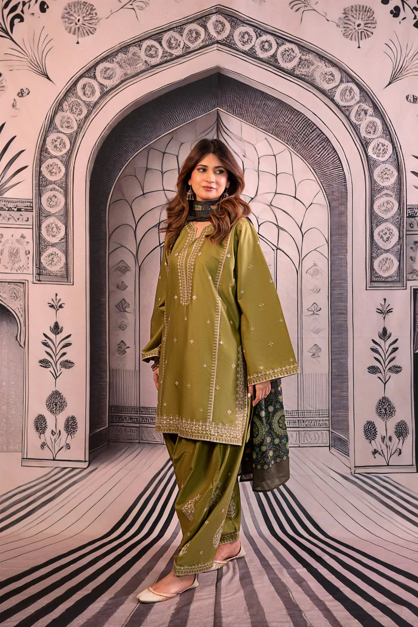URGE-3PC DHANAK EMBROIDERED SHIRT WITH COUTRAI PRINTED SHAWL & EMB TROUSER-ADR-4126