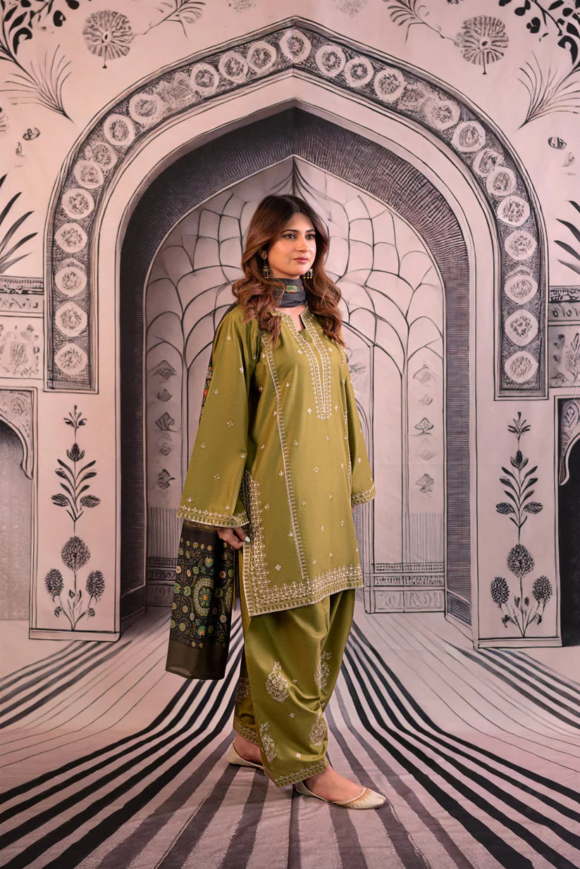 URGE-3PC DHANAK EMBROIDERED SHIRT WITH COUTRAI PRINTED SHAWL & EMB TROUSER-ADR-4126