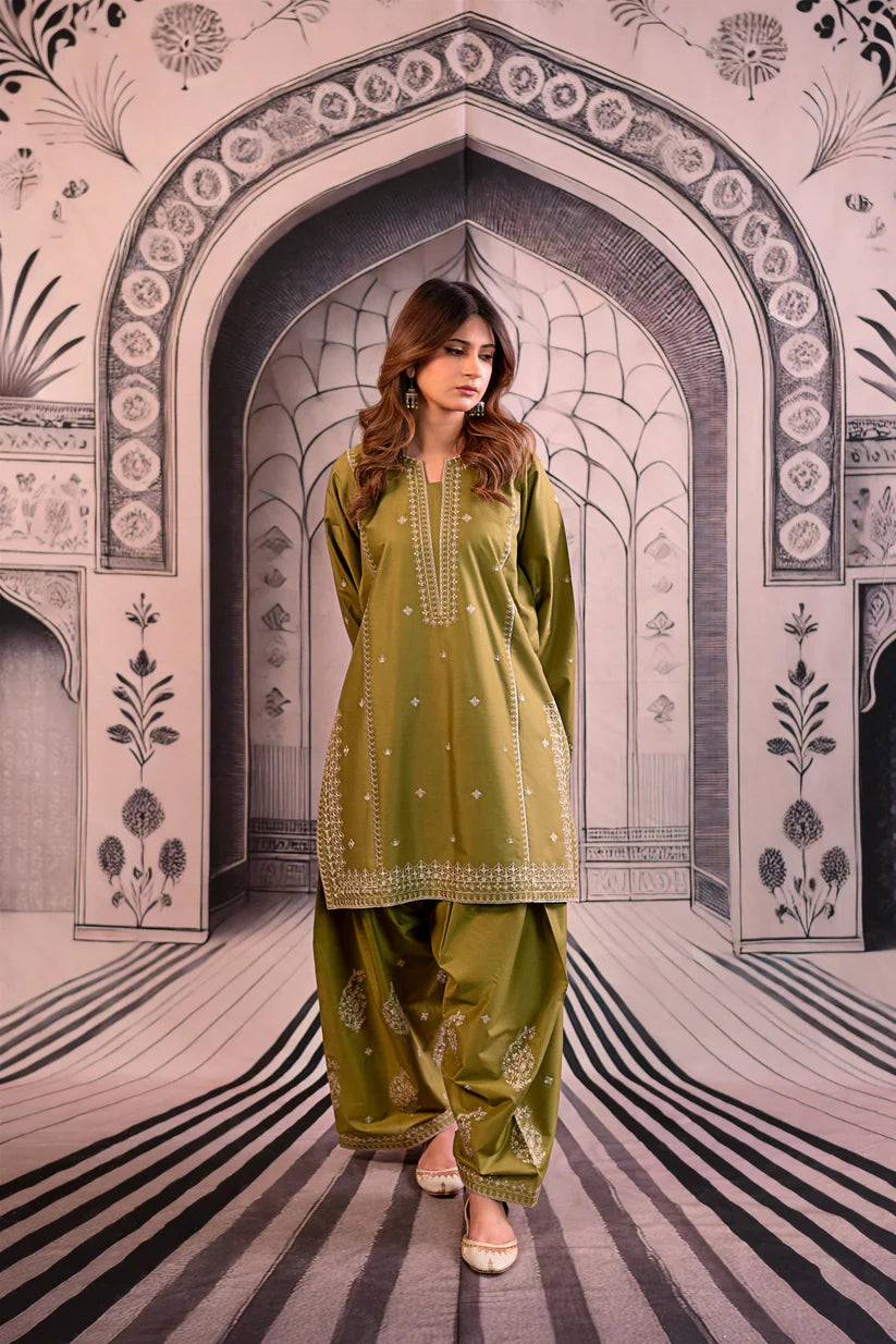 URGE-3PC DHANAK EMBROIDERED SHIRT WITH COUTRAI PRINTED SHAWL & EMB TROUSER-ADR-4126