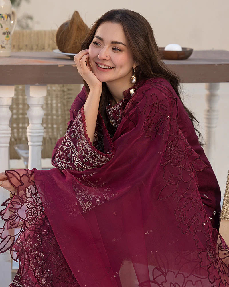 QALAMQAR-3PC LAWN EMBROIDERED SHIRT WITH ORGANZA EMBROIDERED DUAPATTA AND TROUSER-ADR-3727