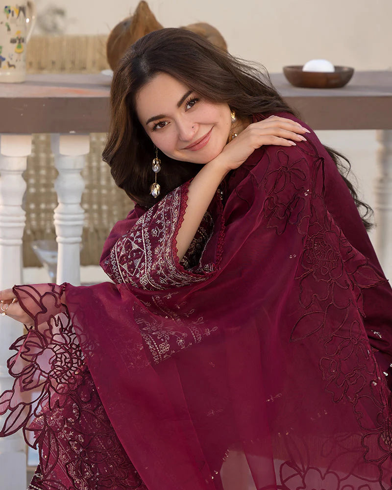 QALAMQAR-3PC LAWN EMBROIDERED SHIRT WITH ORGANZA EMBROIDERED DUAPATTA AND TROUSER-ADR-3727