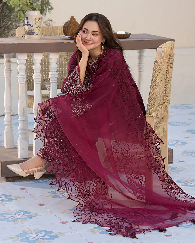 QALAMQAR-3PC LAWN EMBROIDERED SHIRT WITH ORGANZA EMBROIDERED DUAPATTA AND TROUSER-ADR-3727