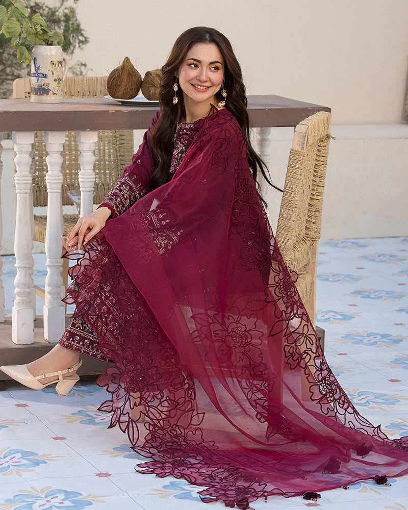 QALAMQAR-3PC LAWN EMBROIDERED SHIRT WITH ORGANZA EMBROIDERED DUAPATTA AND TROUSER-ADR-3727
