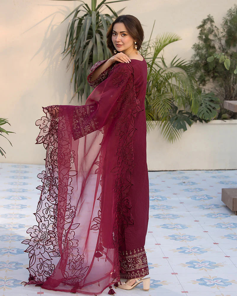 QALAMQAR-3PC LAWN EMBROIDERED SHIRT WITH ORGANZA EMBROIDERED DUAPATTA AND TROUSER-ADR-3727