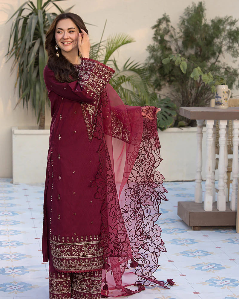 QALAMQAR-3PC LAWN EMBROIDERED SHIRT WITH ORGANZA EMBROIDERED DUAPATTA AND TROUSER-ADR-3727