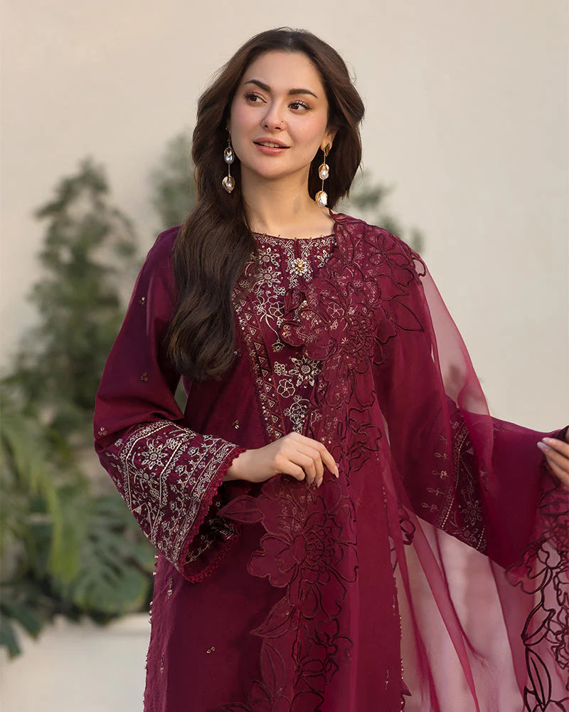 QALAMQAR-3PC LAWN EMBROIDERED SHIRT WITH ORGANZA EMBROIDERED DUAPATTA AND TROUSER-ADR-3727