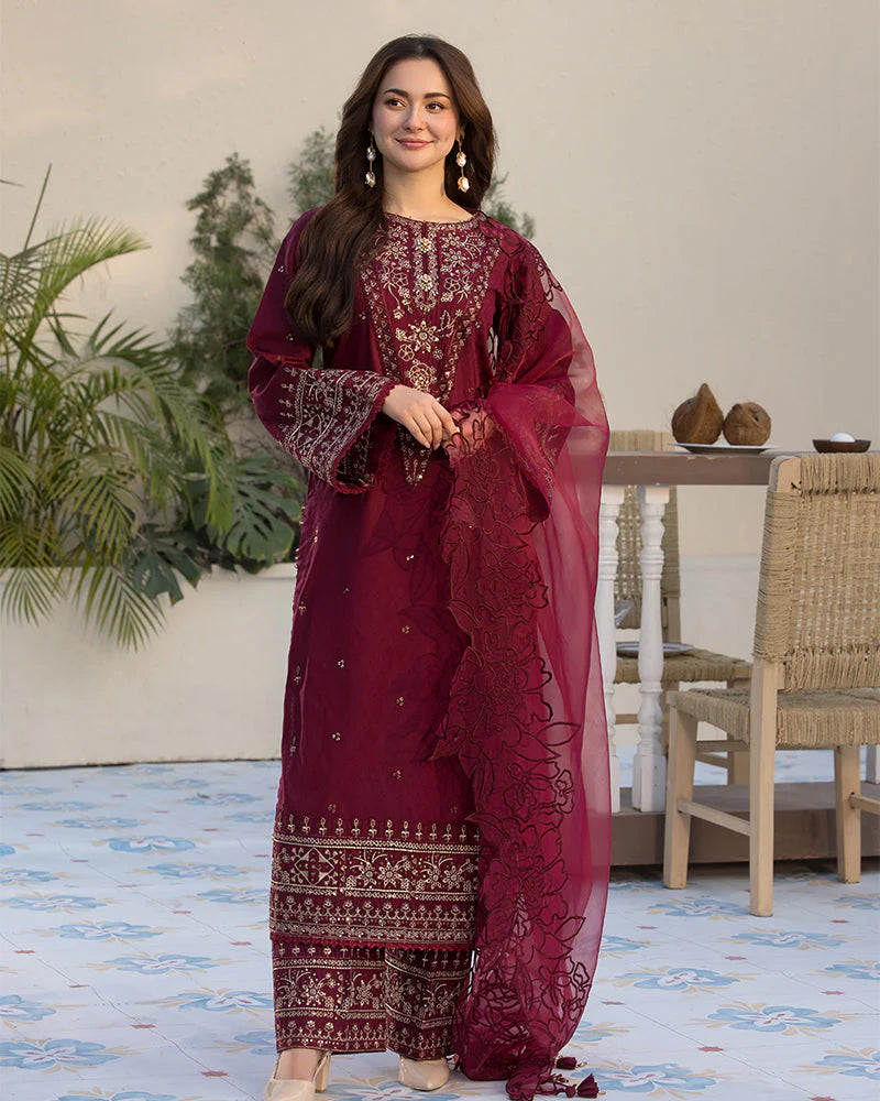 QALAMQAR-3PC LAWN EMBROIDERED SHIRT WITH ORGANZA EMBROIDERED DUAPATTA AND TROUSER-ADR-3727