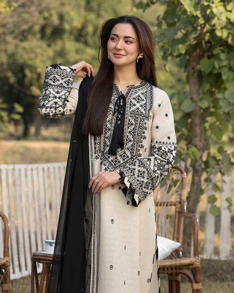 QALAMQAR-3PC LAWN EMBROIDERED SHIRT WITH CHIFFON EMBROIDERED DUPATTA AND TROUSER-ADR-3757