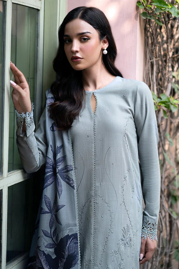 JAZMIN-3PC DHANAK EMBROIDRED SHIRT WITH WOOL PRINT SHAWL AND TROUSER-ADR-3320-A