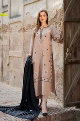 VINTAGE-3PC DHANAK EMBROIDERED SHIRT WITH DHANAK EMBROIDERED SHAWL AND TROUSER-ADR-4421