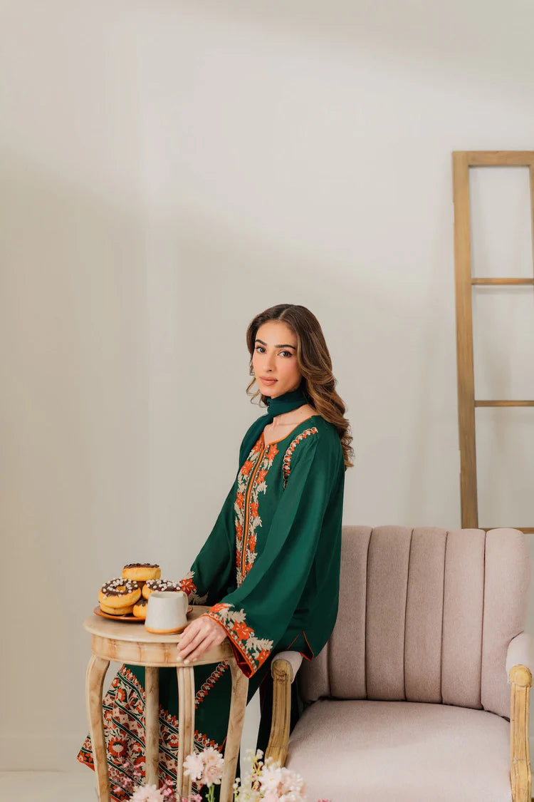 VINTAGE-3PC DHANAK EMBROIDERED SHIRT WITH BAMBER CHIFFON DUPATTA & TROUSER-ADR-4248