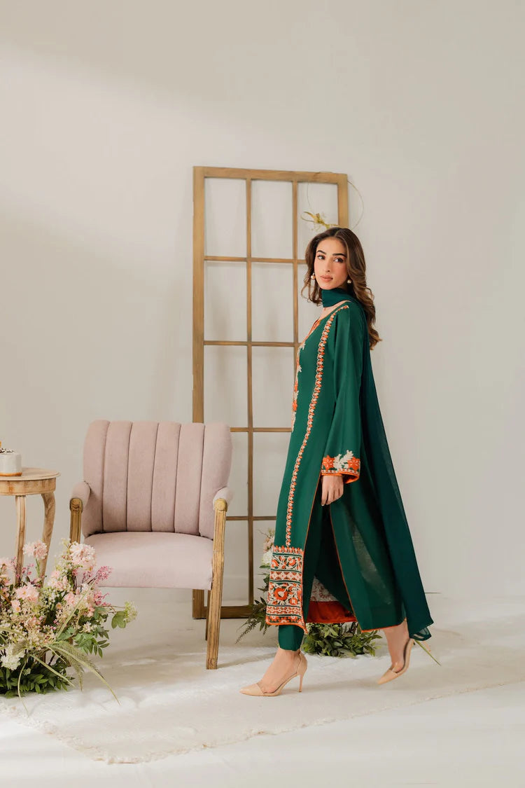 VINTAGE-3PC DHANAK EMBROIDERED SHIRT WITH BAMBER CHIFFON DUPATTA & TROUSER-ADR-4248