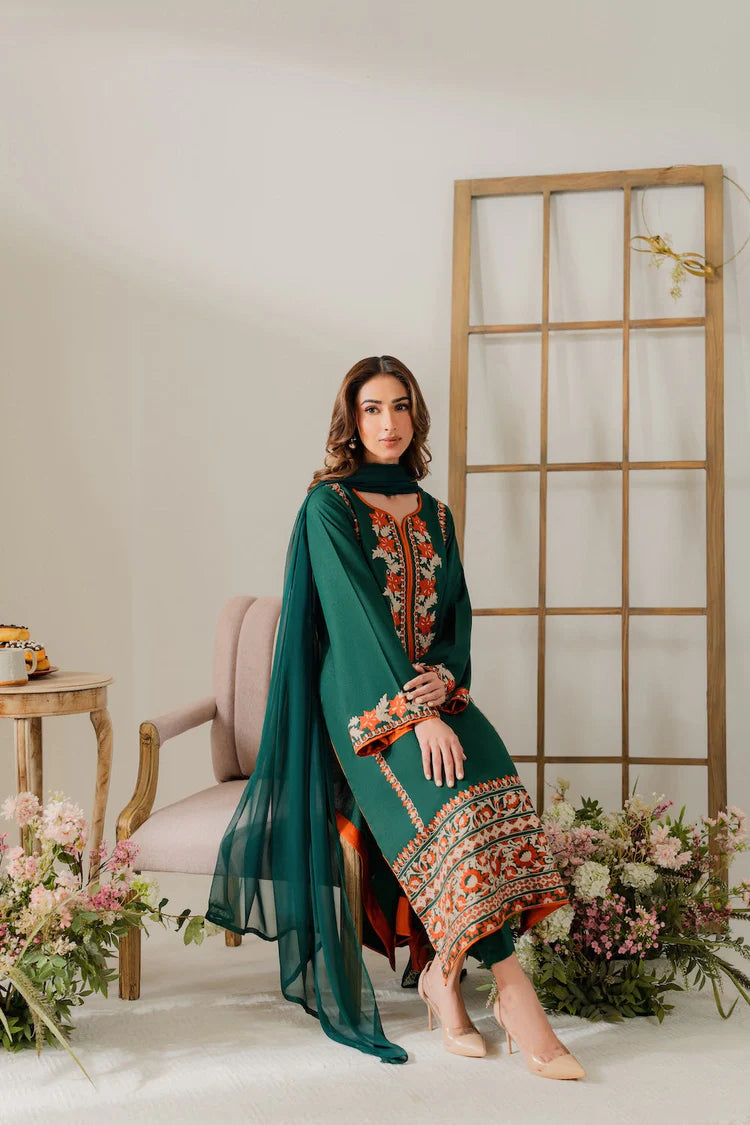VINTAGE-3PC DHANAK EMBROIDERED SHIRT WITH BAMBER CHIFFON DUPATTA & TROUSER-ADR-4248