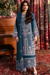 QALAMQAR-3PC CHIKANKAARI LAWN LASER WORK EMBROIDERED SHIRT WITH KHADDI NET EMBROIDERED DUPATTA AND TROUSER-ADR-4712