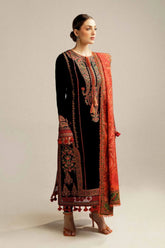 HUSSAIN REHAR-3PC DHANAK EMBROIDERED SHIRT WITH COURTRAI PRINTED SHAWL AND TROUSER-ADR-4343 BLACK