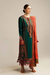 HUSSAIN REHAR-3PC DHANAK EMBROIDERED SHIRT WITH COURTRAI PRINTED SHAWL AND TROUSER-ADR-