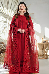 QALAMQAR-3PC LAWN CHIKAANKARI EMBROIDERED SHIRT WITH CHIFFON PRINTED EMB DUPATTA AND TROUSER-ADR-4665