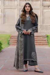 IZEL-3PC DHANAK EMBROIDERED SHIRT WITH COURTRAI PRINTED SHAWL & TROUSER-ADR-4359