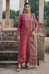 IZEL-3PC DHANAK EMBROIDERED SHIRT WITH COURTRAI PRINTED SHAWL & TROUSER-ADR-4356