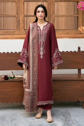 IZEL-3PC DHANAK EMBROIDERED SHIRT WITH COURTRAI PRINTED SHAWL & TROUSER-ADR-4384