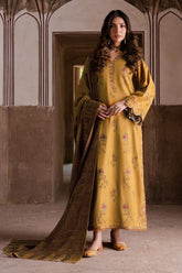 IZEL-3PC KHADDAR EMBROIDERED SHIRT WITH COURTRAI PRINTED SHAWL & KHADDAR TROUSER-ADR-4355