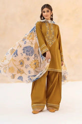 URGE-3PC DHANAK EMBROIDERED SHIRT WITH WOOL PRINT SHAWL AND EMB TROUSER-ADR-5070