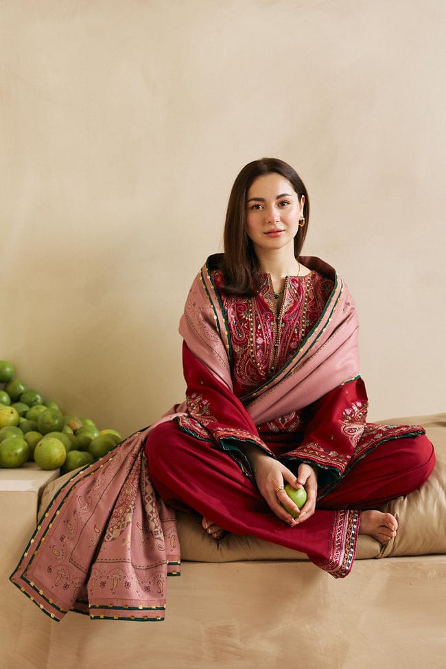 ZARA SHAHJAHAN-3PC DHANAK EMBROIDERED SHIRT WITH CORTRAI WOOL PRINTED SHAWL AND EMB TROUSER-ADR-4042