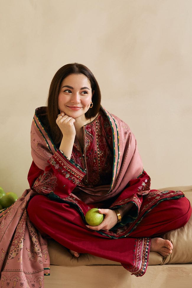 ZARA SHAHJAHAN-3PC DHANAK EMBROIDERED SHIRT WITH CORTRAI WOOL PRINTED SHAWL AND EMB TROUSER-ADR-4042