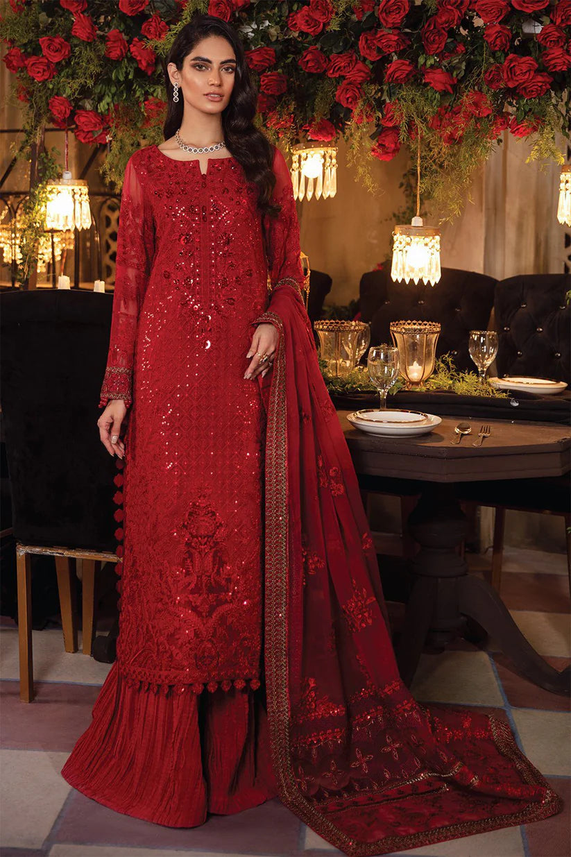BAROUQE 3PC HEAVY EMBROIDERED HANDMADE WORK WITH HEAVY EMBROIDERED DUPATTA -ADR-3413-RED
