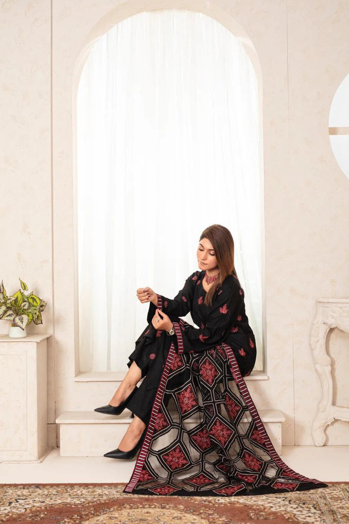 ADORE-3PC DHANAK EMBROIDERED SHIRT WITH HEAVY CUTWORK EMBROIDERED DHANAK SHAWL AND TROUSER-ADR-002