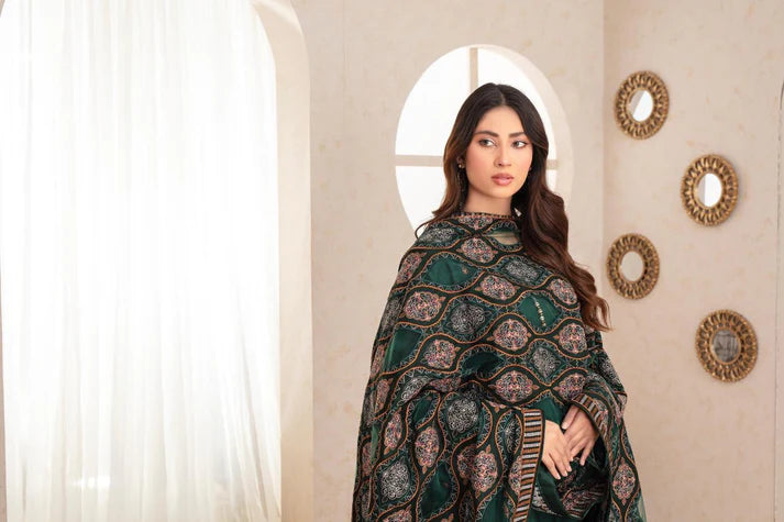 ADORE 3PC DHANAK EMBROIDERED SHIRT WITH HEAVY CUTWORK EMBROIDERED DHANAK SHAWL AND TROUSER-ADR -004