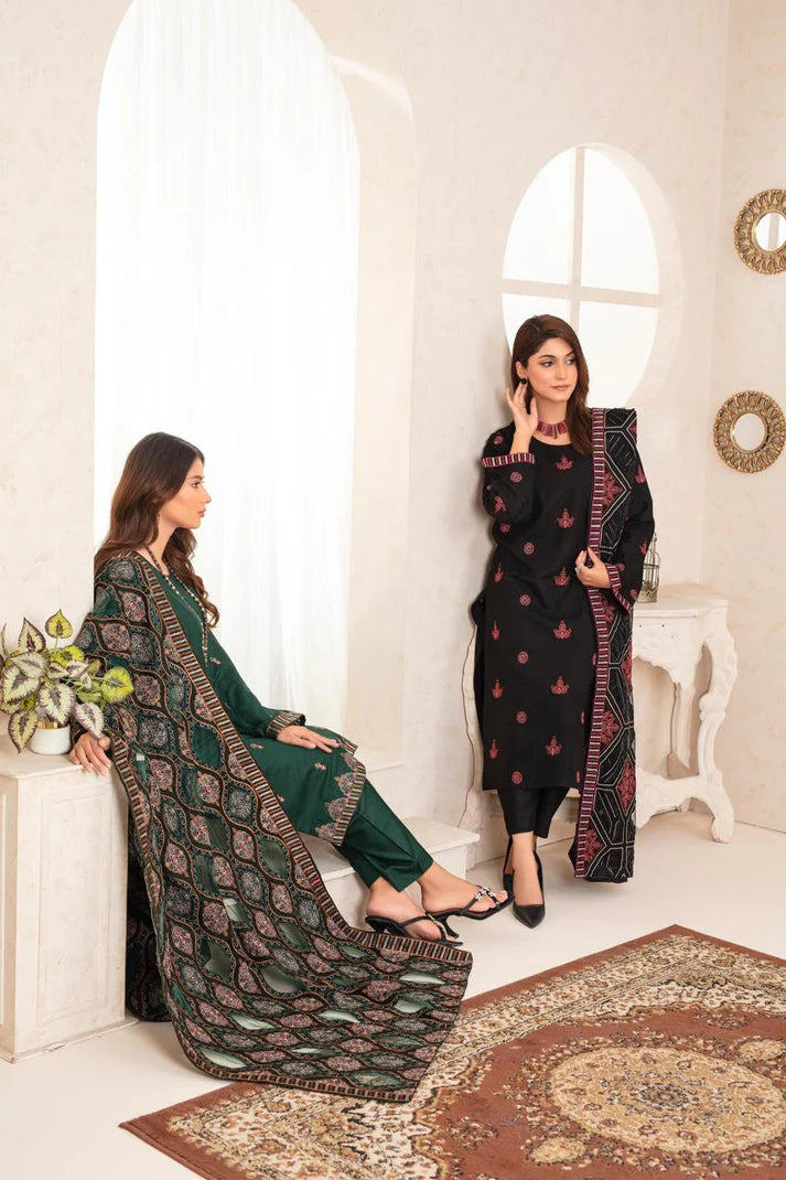 ADORE 3PC DHANAK EMBROIDERED SHIRT WITH HEAVY CUTWORK EMBROIDERED DHANAK SHAWL AND TROUSER-ADR -004