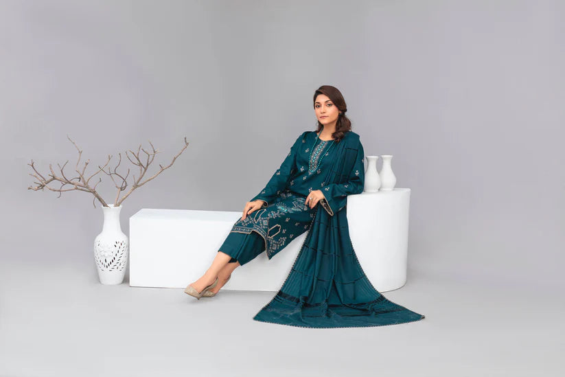 ADR-3PC Dhanak Embroidered Shirt with Velvet Dhanak Shawl and Trouser-ADR-Z
