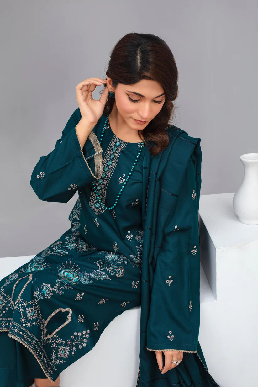 ADR-3PC Dhanak Embroidered Shirt with Velvet Dhanak Shawl and Trouser-ADR-Z