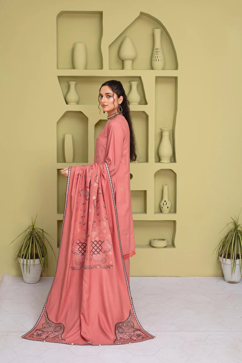 ADR 3PC DHANAK EMBROIDERED SHIRT WITH HEAVY CUTWORK EMBROIDERED DHANAK SHAWL AND TROUSER-ADR -1507