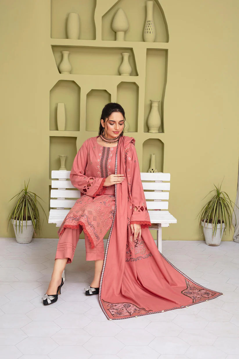 ADR 3PC DHANAK EMBROIDERED SHIRT WITH HEAVY CUTWORK EMBROIDERED DHANAK SHAWL AND TROUSER-ADR -1507