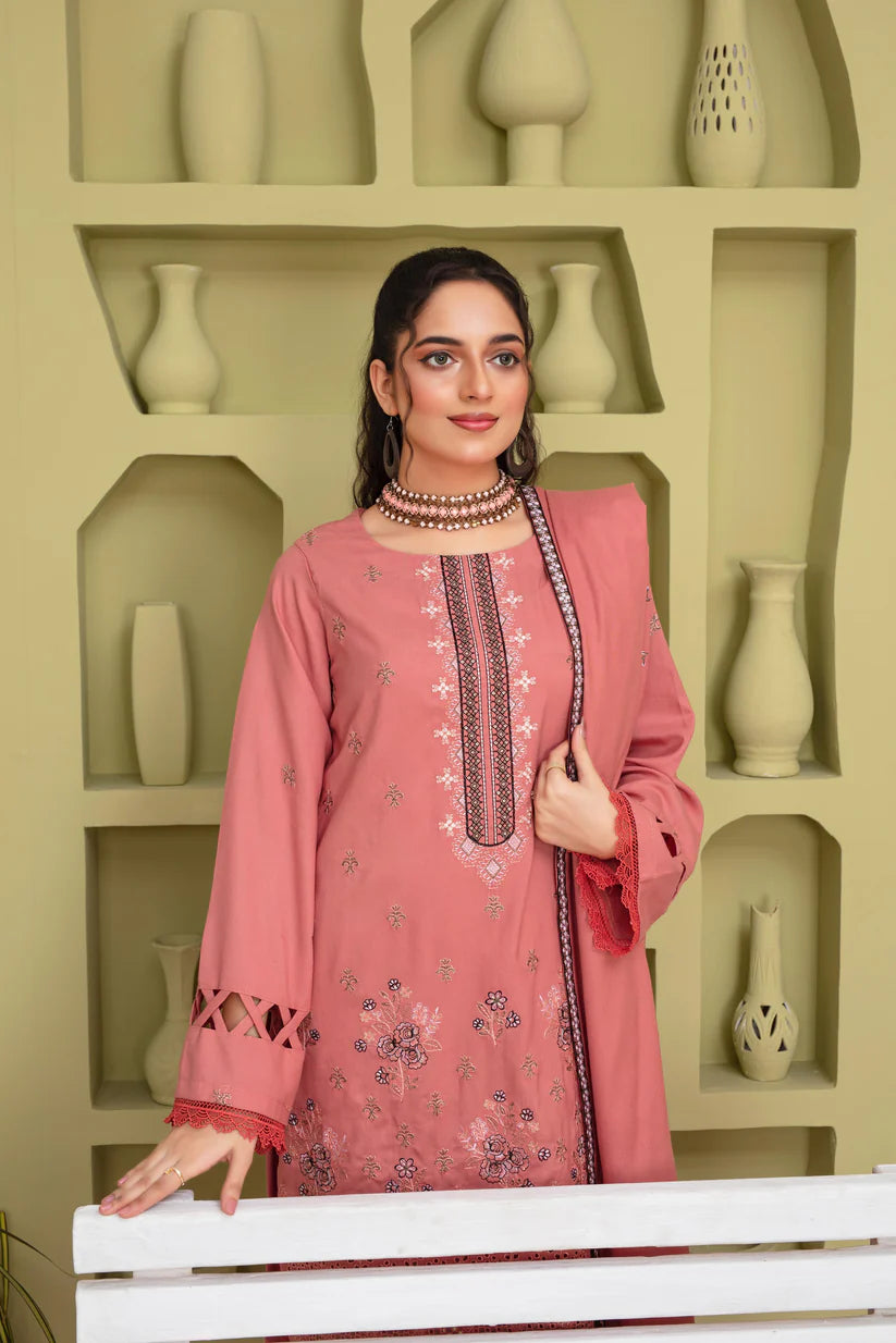 ADR 3PC DHANAK EMBROIDERED SHIRT WITH HEAVY CUTWORK EMBROIDERED DHANAK SHAWL AND TROUSER-ADR -1507