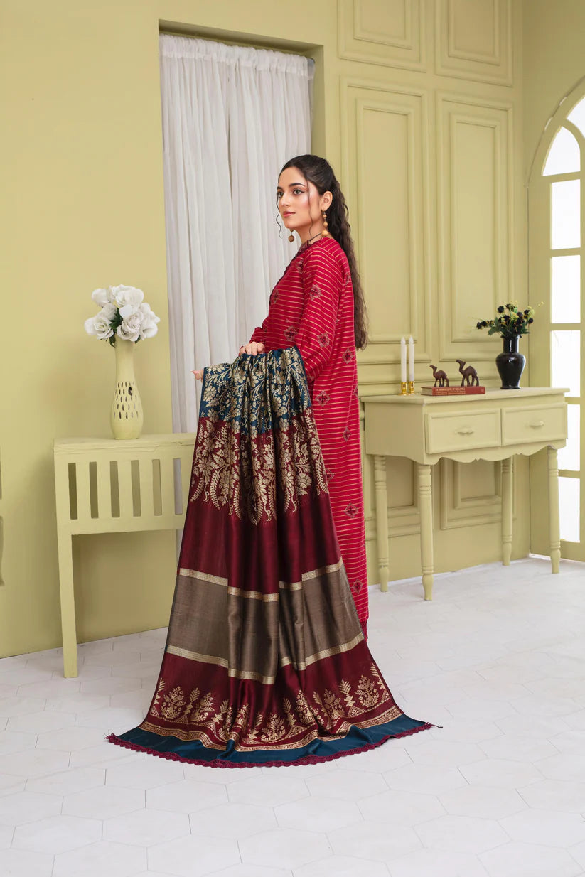 ADR-3PC KHADAR CUTWORK EMBROIDERED SHIRT WITH KASHMIRI JACQUARD WOOL SHAWL-ADR-1503